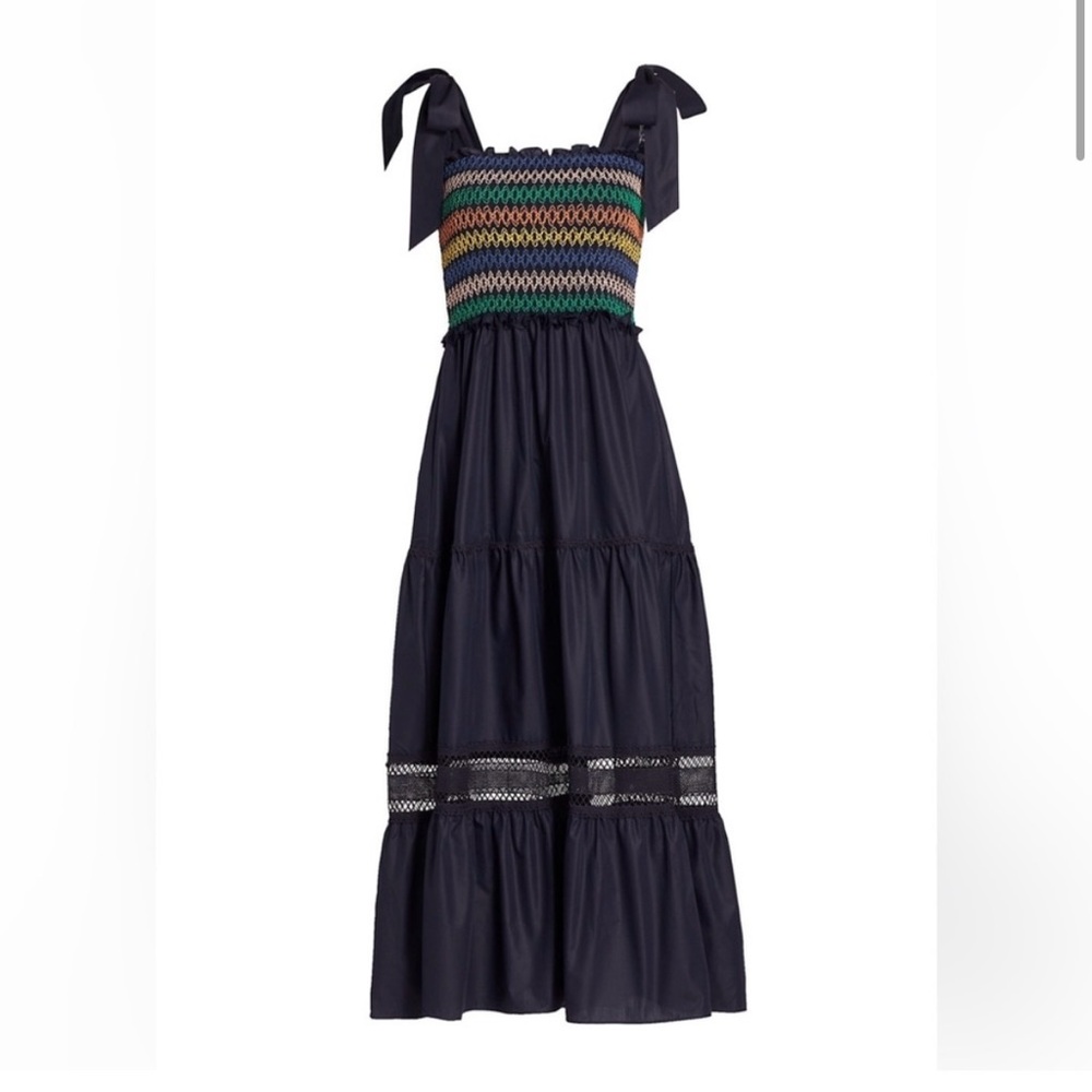 En Saison SHAY Size M Navy Multicolor Smocked Bodice, Tiered Midi Dress
